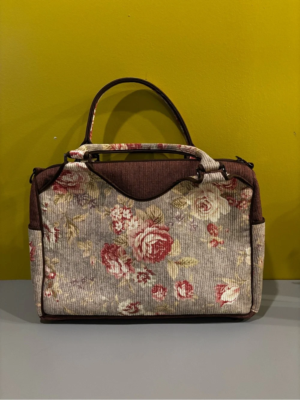 Floral Rose Print Top-Handle Tote in Burgundy and Cream